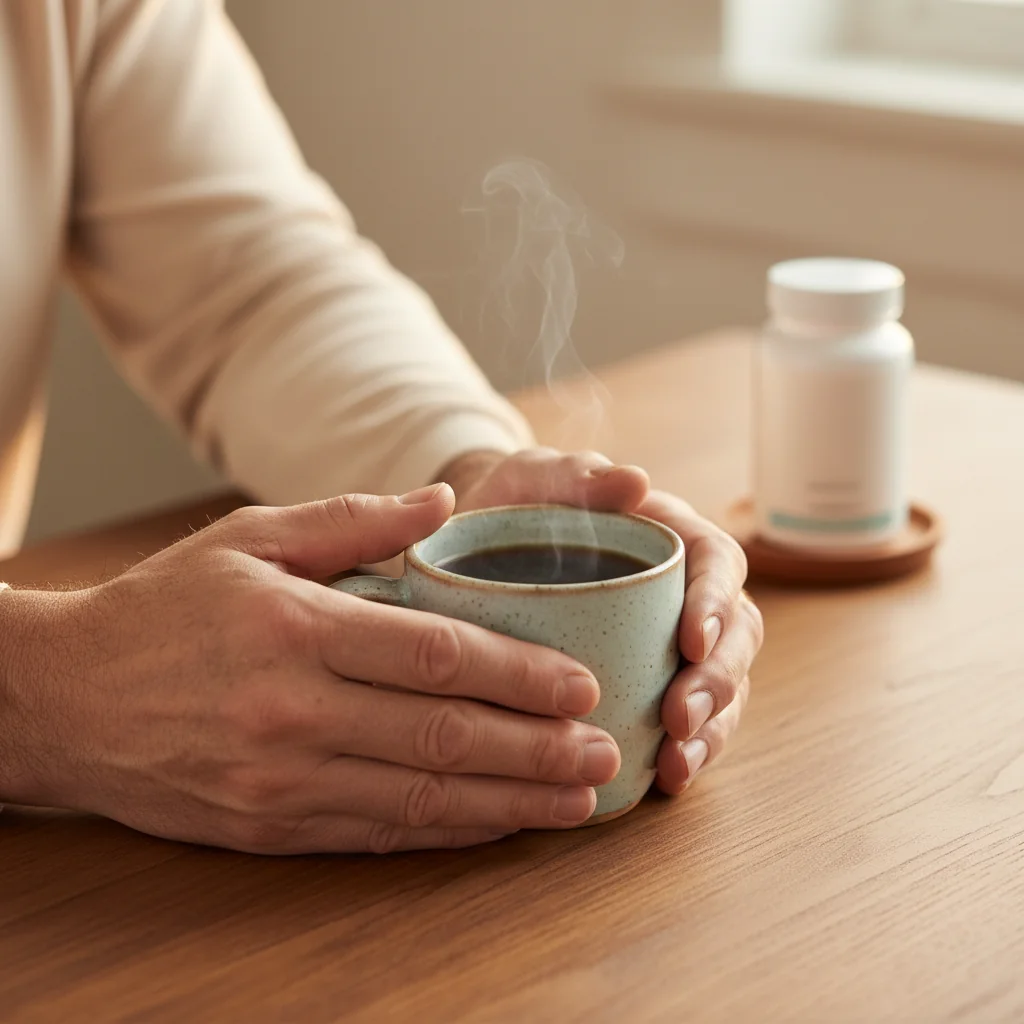 Anonieme mannenhanden houden een kop koffie vast met Alpha Drive pot op de achtergrond - ochtendwelzijnsroutine