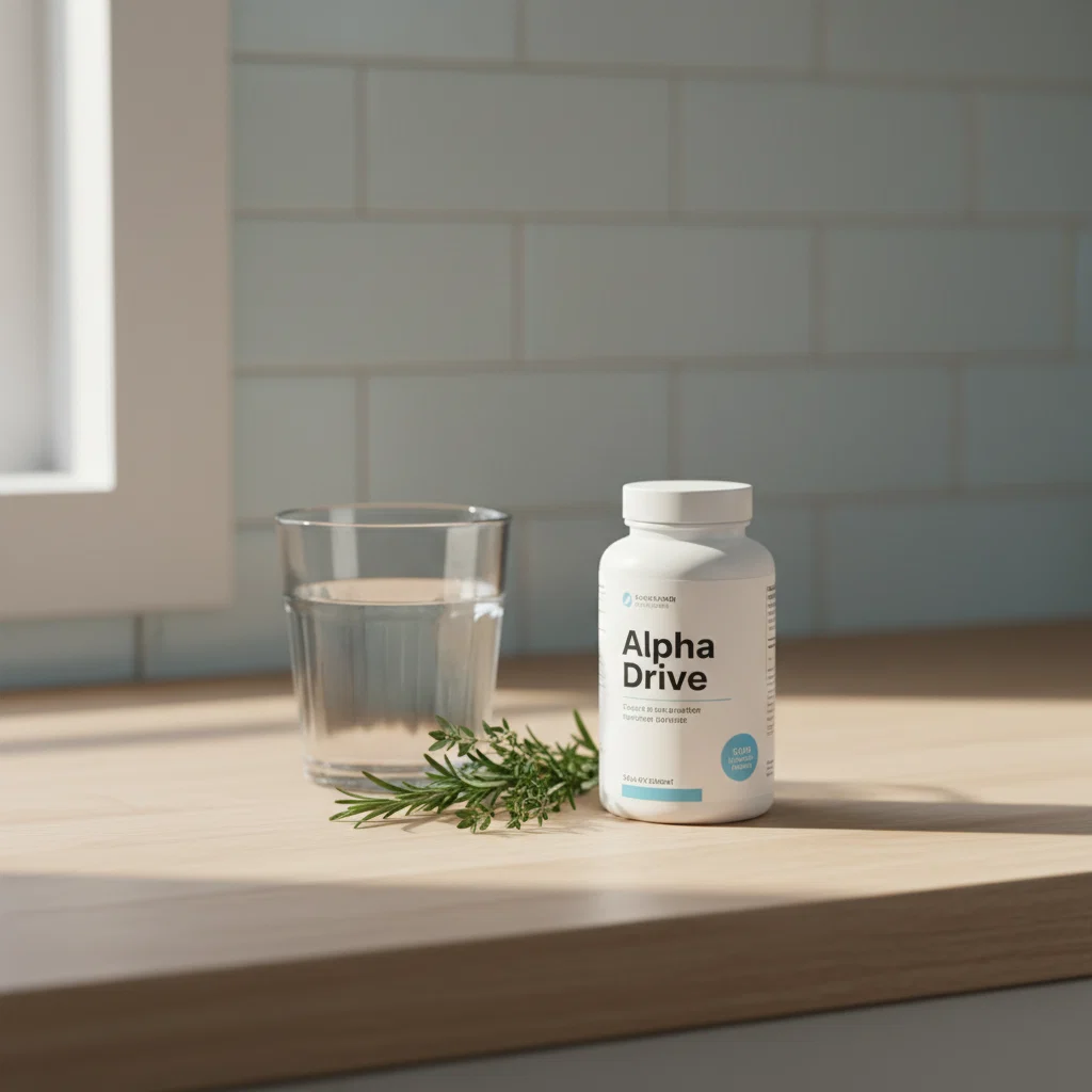 Alpha Drive pot op houten aanrecht naast een glas water en verse groene kruiden